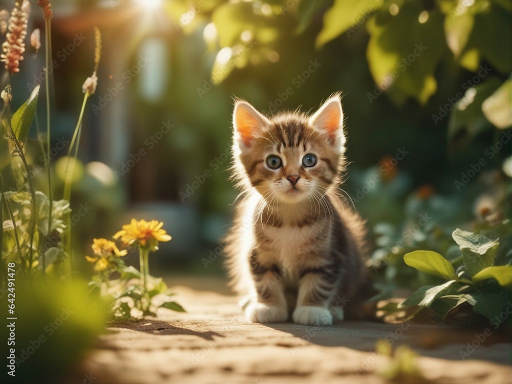 Beautiful cute baby kitten in a summer garden. Little kitten standing on flowers garden. Generative AI Beautiful cute baby kitten in a summer garden. Little kitten standing on flowers garden. Generative AI