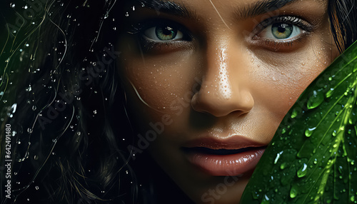 Photographie beautiful woman in beautiful green leaves, in the style of photorealistic eye