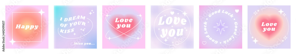 Y2k background. Cute retro gradients. Pastel colors. Groovy heart with aura. Blurry aesthetic square cards. Romantic text quote. Love hearts and sparkle stars. Vector abstract banners set Y2k background. Cute retro gradients. Pastel colors. Groovy heart with aura. Blurry aesthetic square cards. Romantic text quote. Love hearts and sparkle stars. Vector abstract banners set
