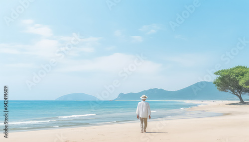 elderly man is walking down the beach