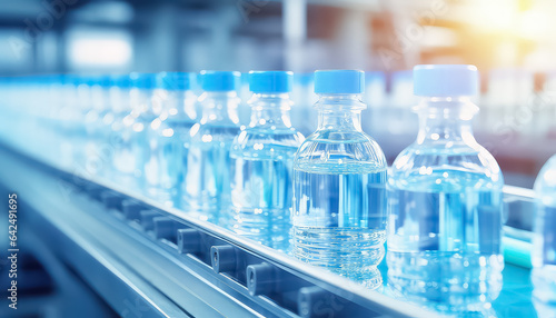 clear water bottles on the conveyor line in a factory