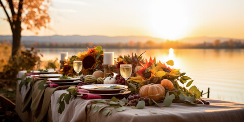 Autumn outdoor dinner table setting by lake shore with pumpkins, wide, fall harvest season, rustic, fete party, outside dining tablescape