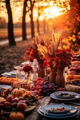 Autumn outdoor dinner table setting at sunset with flowers, pumpkins, grapes, vertical, fall harvest season, rustic, fete party, outside dining tablescape
