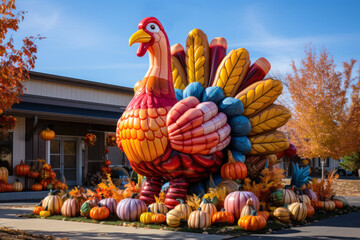Thanksgiving inflatable turkey and pumpkins front yard display, exterior home decor, seasonal decoration