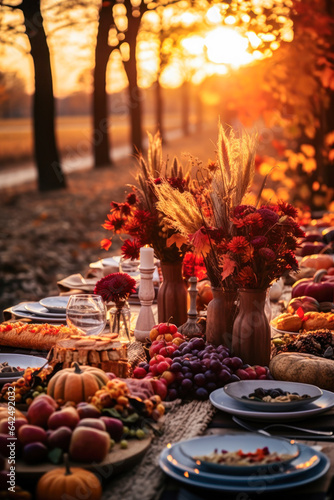Autumn outdoor dinner table setting at sunset with flowers, pumpkins, grapes, vertical, fall harvest season, rustic, fete party, outside dining tablescape
