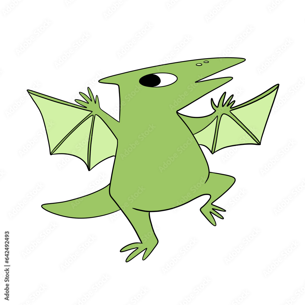 Obraz premium Cute green dinosaur Pterodactyl, drawing for children. Colorful hand drawn dinosaur in cartoon style. Cute cartoon animal