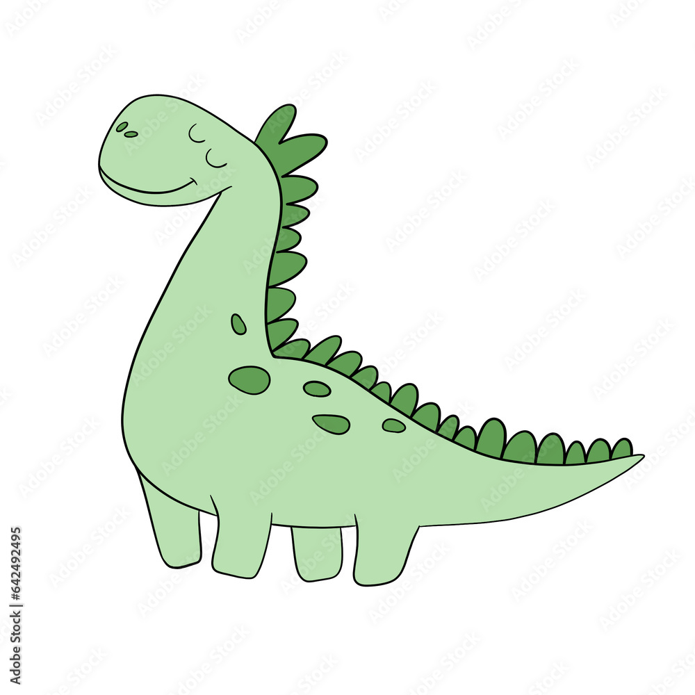 Fototapeta premium Cute green dinosaur with a long neck, drawing for children. Colorful hand drawn dinosaur in cartoon style. illustration of dinosaurs isolated on background