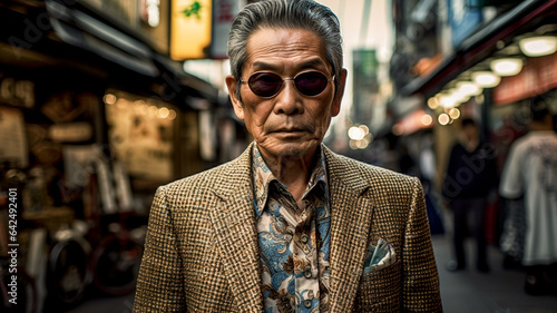 Portrait of a enigmatic Japanese business man with character and experience, in the style of editorial fashion and photojournalism.