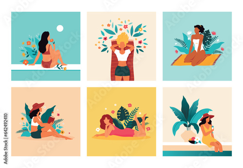 Girl with flowers. Mental health, beauty and fashion, relax on summer beach, nature and freedom spa mood. Woman drink cocktail, read book. Meditation outdoors. Vector cartoon flat concept