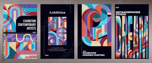 Geometric posters. Abstract shape pattern, modern color squares and circles, minimal retro wall art. Exhibition paintings invitation. Contemporary background. Vector illustration collection