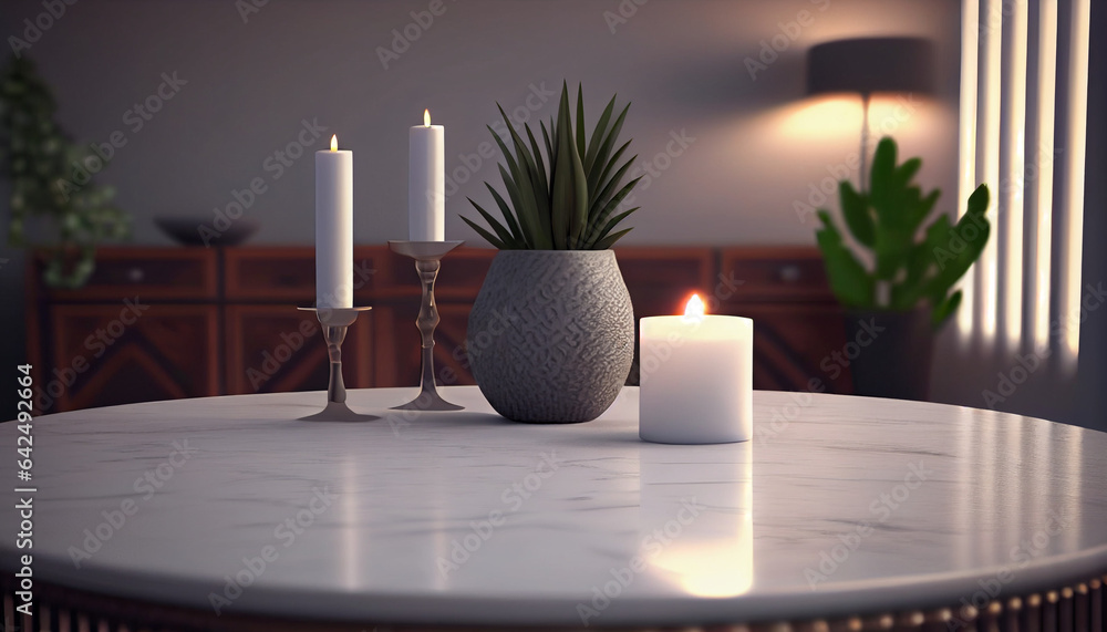 Blank white table top for copy space 3d render decorated with glass candle holders with flames. cotton towel and a potted plant with a blurry bathroom background, Ai generated image Blank white table top for copy space 3d render decorated with glass candle holders with flames. cotton towel and a potted plant with a blurry bathroom background, Ai generated image