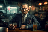 Portrait of a enigmatic Japanese business man with character and experience, in the style of editorial fashion and photojournalism.