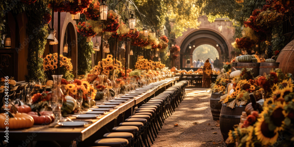 Autumn outdoor long banquet table setting, event, wedding, sunflowers, fall harvest season, rustic, fete party, outside dining tablescape Autumn outdoor long banquet table setting, event, wedding, sunflowers, fall harvest season, rustic, fete party, outside dining tablescape