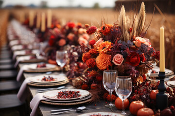 Fall outdoor dinner table setting, flowers, autumn harvest season, rustic, fete party, outside dining tablescape