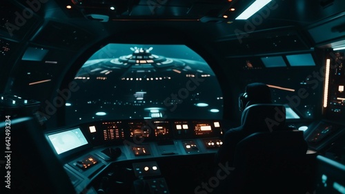 Fototapeta Naklejka Na Ścianę i Meble -  A spaceship cockpit view of a futuristic science fiction space station.