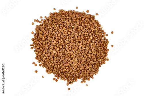 Raw buckwheat grains in rustic burlap isolated on white background.
