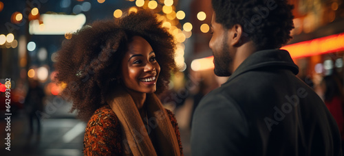 Afro american young couple enjoy night in the city with christmas decoration on background photo