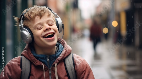Guy with Down Syndrome listening to music with headphones