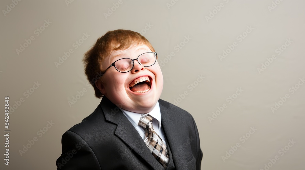 touching portrait boy with Down Syndrome with his infectious smile