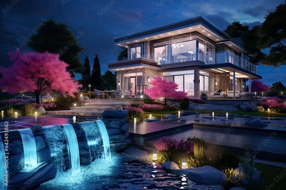 A stunning mansion surrounded by a majestic waterfall created with Generative AI technology
