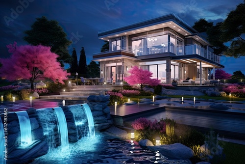 A stunning mansion surrounded by a majestic waterfall created with Generative AI technology
