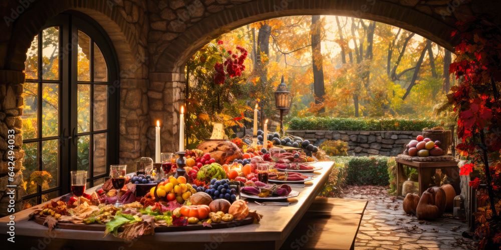 Mediterranean outdoor dinner table setting with fruit, wide, fall harvest season, rustic, fete party, outside dining tablescape
