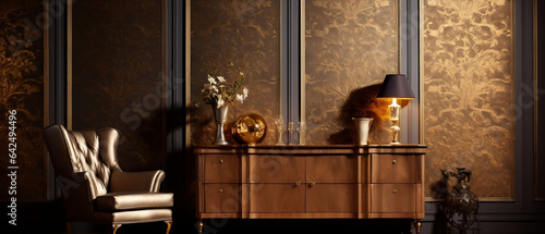Luksusowy apartament w klasycznym stylu - mockup produktu, obraz na ozdobnej złotej ścianie. Stara komoda. 