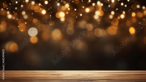 Blur empty wooden background design table gold christmas abstract lights wood celebration bokeh