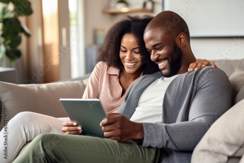 Husband and wife using laptop on couch Smiling man with laptop looking at girlfriend while sitting on couch at home