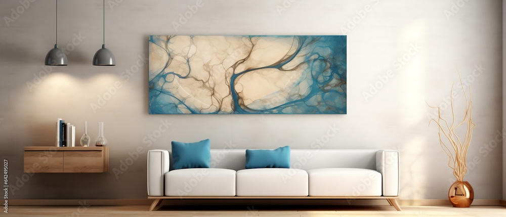 Mockup - obraz na ścianie w salonie. Wizualizacja wnętrza apartamentu. Biel i błękit. Render 3d - obrazy, fototapety, plakaty 