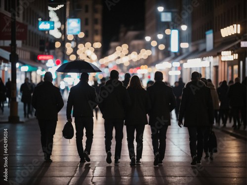 A group of people walking in crowd city at night with blurry lights effect