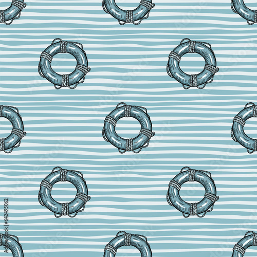 Vintage lifebuoy with rope sketch seamless pattern. Hand drawn life ring in engraving style wallpaper.