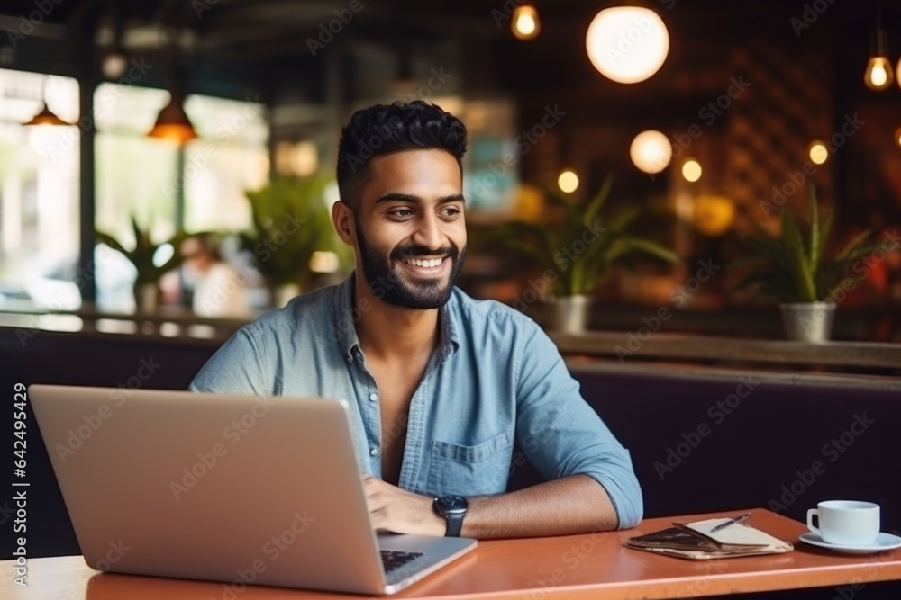 Smiling handsome hipster Indian man sitting and working on his laptop in coffee shop Smiling handsome hipster Indian man sitting and working on his laptop in coffee shop