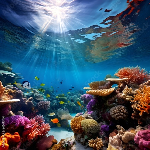 Dive into the Depths: A Breathtaking Coral Reef Under Clear Waters" - This image showcases the breathtaking beauty of a vibrant coral reef thriving beneath crystal clear waters, a testament to the mar