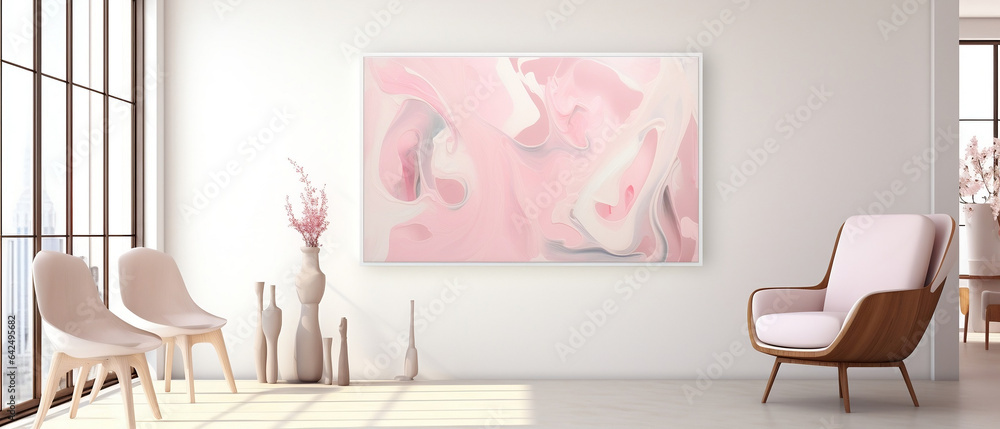 Jasny przestronny salon - tło, mockup na wiszący obraz. Różowe dekoracje, białe ściany. Minimalistyczne wnętrze - obrazy, fototapety, plakaty 