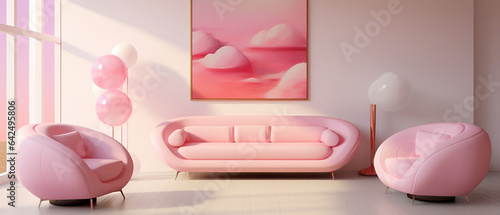 Mockup - tło. Salon render 3d. Miejsce na obraz na ścianie w salonie w różowych jasnych kolorach. Rama na grafikę. photo