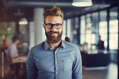Confident and smiling handsome hipster man standing in the office © Jasmina
