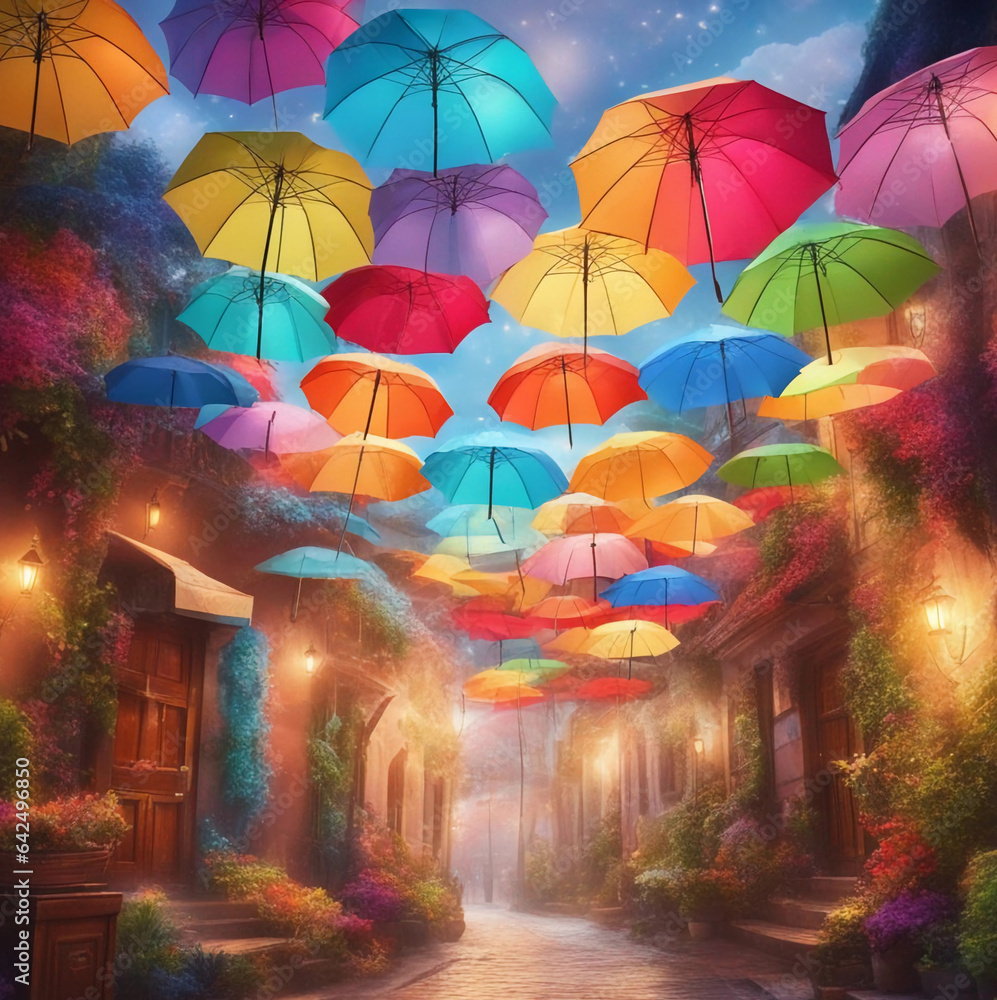 A bright picture of a street landscape with colorful umbrellas. Generative AI.