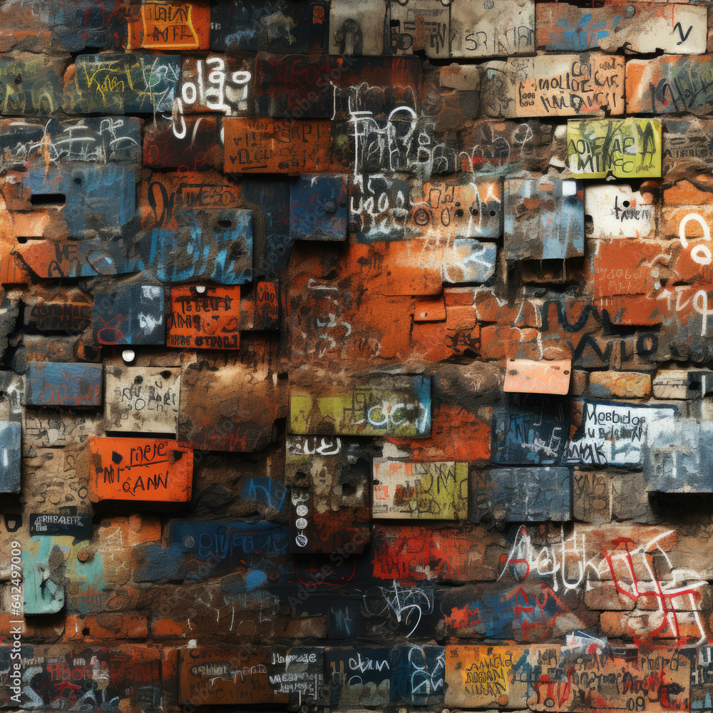 Old Brickwall with graffiti tags, Seamless repeat pattern.
