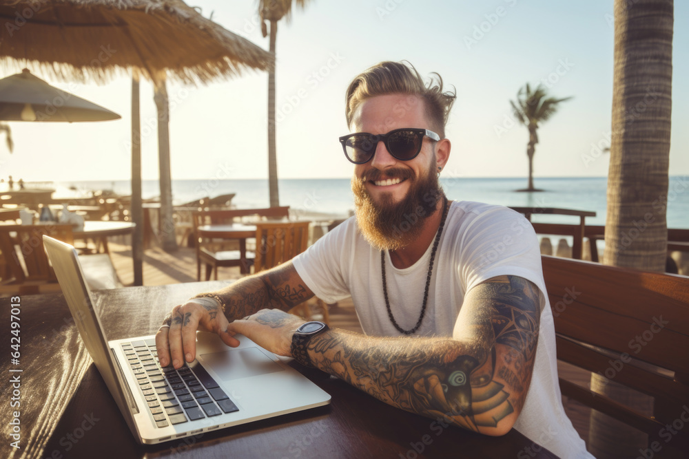 © Jasmina - Smiling handsome hipster man with tattoos sitting and working on his laptop in the beach bar