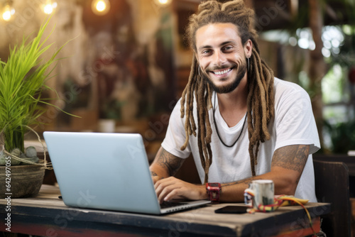Smiling handsome hipster man with dreadlocks and tattoos sitting and working on his laptop in coffee shop in Bali