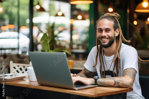 Smiling handsome hipster man with dreadlocks and tattoos sitting and working on his laptop in coffee shop in Bangkok