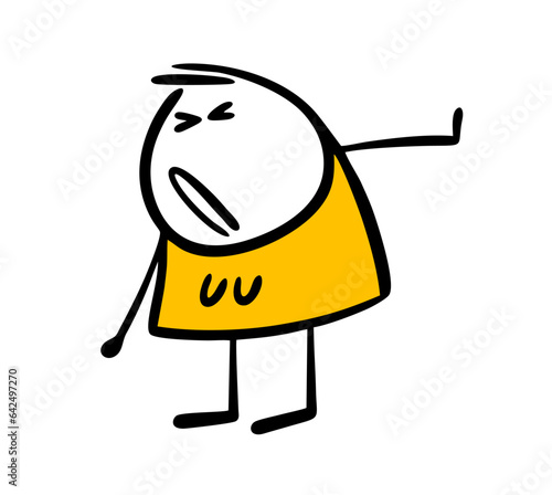 Cartoon woman turned away in horror and shielded herself with her palm. Vector illustration of hand drawn stickman in disgust.