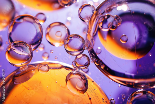 Purple and yellow soap bubbles in paint create an abstract design suitable for a colorful background.