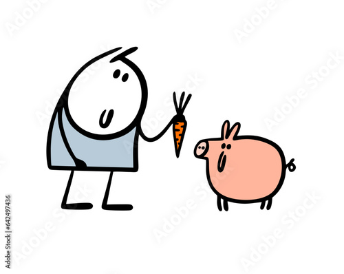 Cheerful farmer holds carrots, feeds a cute pig. Vector illustration of a stickman and an animal on a farm with food.