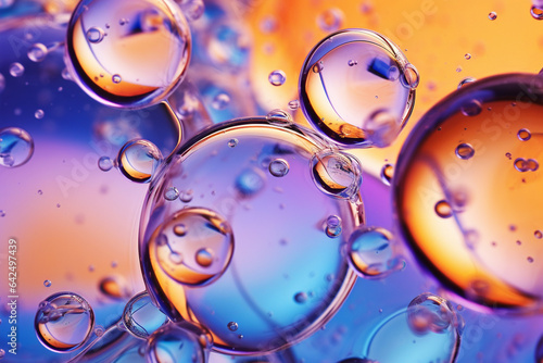 Purple and yellow soap bubbles in paint create an abstract design suitable for a colorful background.