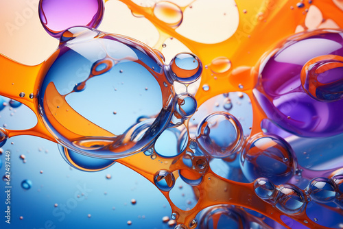 Purple and yellow soap bubbles in paint create an abstract design suitable for a colorful background.