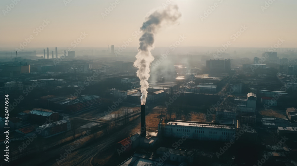 Aerial view of high smoke stack with smoke emission. Plant pipes pollute atmosphere. Industrial factory pollution, smokestack exhaust gases. Industry zone, thick smoke plumes. Climate change, ecology.