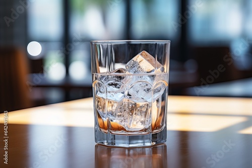 a glass of fresh water with ice on a table with blurred background