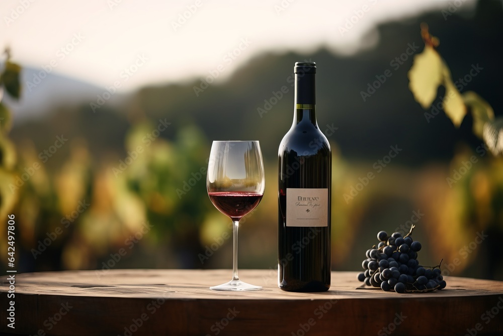 a bottle and a glass of red wine on a table in a vineyard under sunset light